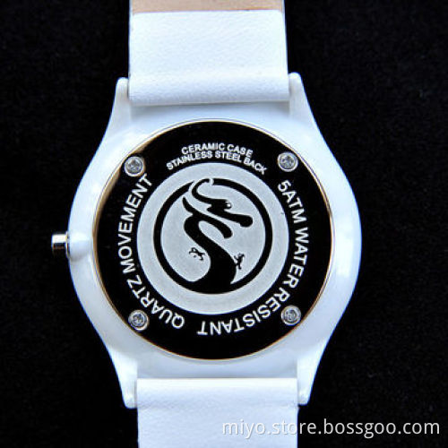 Promotional Wristwatches, Ceramic Case with Leather Strap, Japan Quartz Movement, Wholesales, OEM